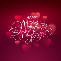 Happy valentines day handwritten text on blurred heart background. Vector illustration