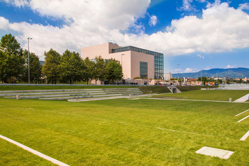Fototapeta premium New public park and building of national and university library in Zagreb, modern architecture, glass facade 