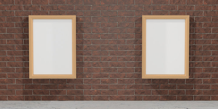 Mock up interior. Brown brick wall with empty pictures. 3d rende