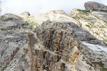 Footpath Alpinisteig and Sexten Dolomites mountain panorama in South Tyrol, Italy