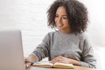 Front view of woman freelancer using laptop computer, home office