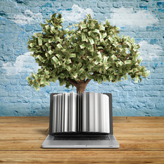 Black pc with money tree breeck background 3d render Success kno - obrazy, fototapety, plakaty