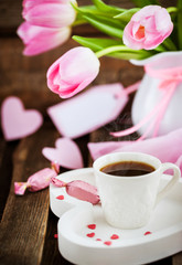 Coffee, hearts and tulips