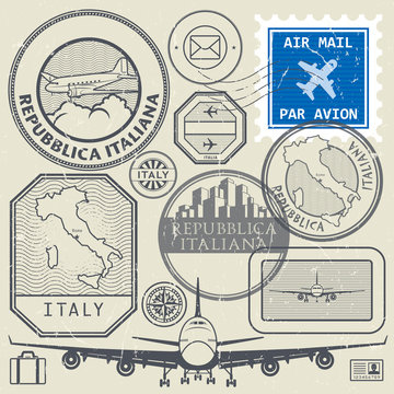 Travel stamps or adventure symbols set, Italy theme