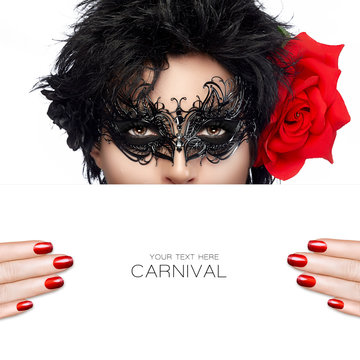 Beautiful woman in carnival mask, copy space