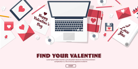 Flat background with paper, envelope. Love, hearts. Valentines day. Be my valentine. 14 february.Vector illustration.