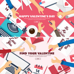 Naklejka premium Flat background with typewriter. Love, hearts. Valentines day. Be my valentine. 14 february.Vector illustration. Holidays.