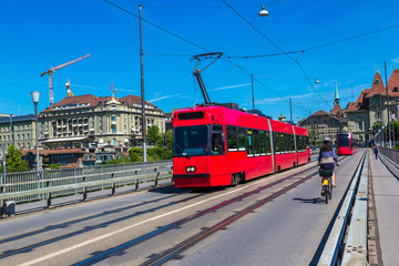 Fototapeta na wymiar Modern city tram in Bern
