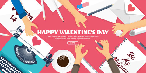 Fototapeta na wymiar Flat background with typewriter. Love, hearts. Valentines day. Be my valentine. 14 february.Vector illustration. Holidays.