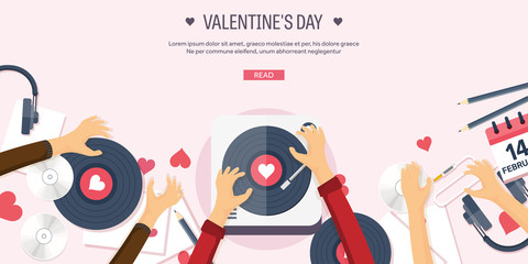 Vector illustration. Flat musical background with vinyl. Love, hearts. Valentines day. Be my valentine. 14 february.
