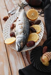 mackerel is baked figs with honey and onions, healthy food. selective focus.