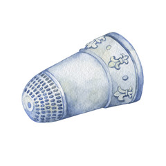 Silver Thimble Decorated with Fleur de Lis. Hand drawn watercolor painting on white background