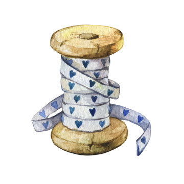 Rare vintage cotton ribbon spool with blue hearts. Hand drawn watercolor painting on white background