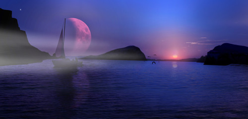 Piękny zachód słońca nad jeziorem, łódka z żaglem z księżyca. - obrazy, fototapety, plakaty