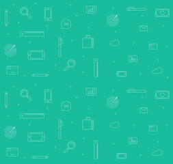 Icons analytics background vector illustration, set of sketch line outline style white icons backdrop, finance or statistics design on green color background