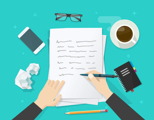 Writer story writing on paper sheet vector illustration, writing book letter flat cartoon person hands with pen on working table with text, workplace top view, desktop journalist author wokspace - obrazy, fototapety, plakaty