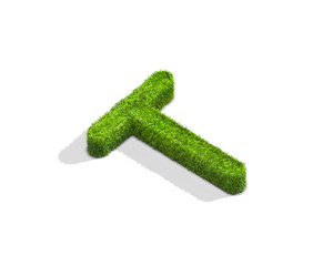 Grass letter T in uppercase format from isometric angle with shadow on ground.