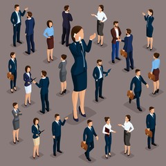 Isometric people, businessmen 3D business woman. Set 5 Office staff, the crowd of people, under the head on a dark background