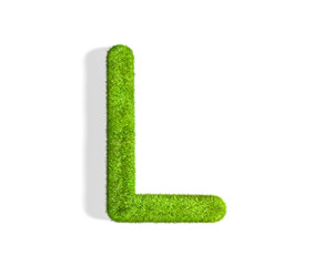 Grass letter L in uppercase format from top angle with shadow on ground.