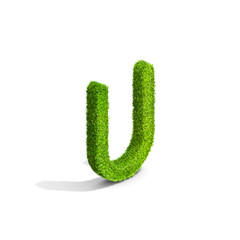 Grass letter U in uppercase format from isometric angle with shadow on ground.