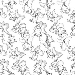 goldfish, black and white seamless pattern