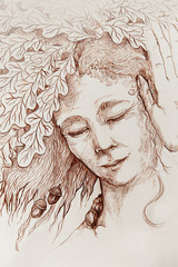 wise woman with oak leaves listening to secret voice, monochromatic drawing.