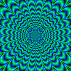 Optically Challenging Brain Buster / A digital fractal image with an optically challenging design in green, blue and turquoise.