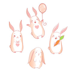 Bunnies vector set. Cute rabbits isolated on white background. Bunny with carrot, with balloon, with heart, crying.
