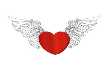 Design red heart with wings. Vector. Isolated on white background