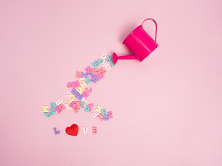 Vanlentine's day concept. Wooden color letters word love and red heart  on color background with copy space.watering can  love concept.