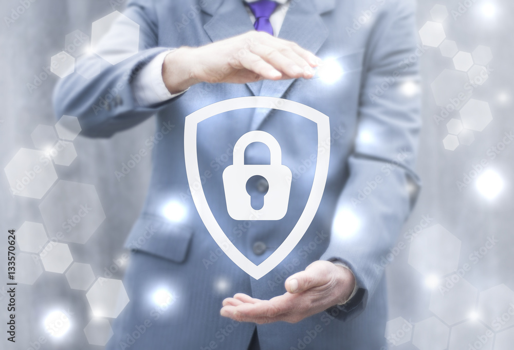 Poster data protection insurance business web computer access concept. shield lock icon security safety of 