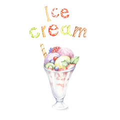 Ice cream and inscription. Hand draw watercolor illustration.