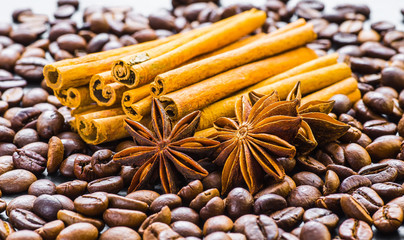 Coffee beans with cinnamon and anise on the sackcloth.