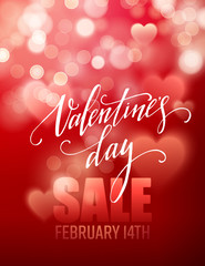 Valentines day sale, poster template on abstract background with hearts and bokeh circles. Vector illustration