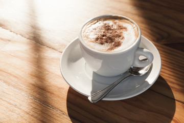 Cup of coffee with milk foam and cinnamon