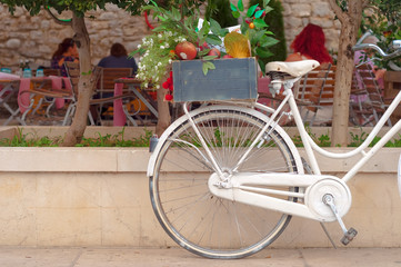 Fototapeta na wymiar Retro style bike with flowers and fruits at its rack beside rura