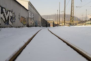 Railways covered by snow in winter. Slovakia