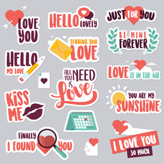 Set of love stickers for social network. Sweet and funny stickers for mobile messages, chat, social media, networking, web design. Stickers for Valentine day, wedding, love messages.