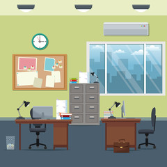 office workspace desks cabinet board notice clock lamp window vector illustration