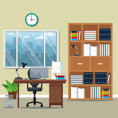 office workspace bookshelf armchair lamp books potted plant window city silhouette vector illustration