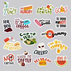 Set of funny stickers for social network. Food and drink stickers for mobile messages, chat, social media, online communication, networking, web design.