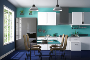 3D Rendering : illustration of modern color interior kitchen room.kitchen part of house.white shelf.Mock up.shiny floor.green natural and light from outside.hipster