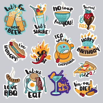 Set of funny stickers for social network. Food and drink stickers for mobile messages, chat, social media, online communication, networking, web design.