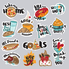 Set of funny stickers for social network. Food and drink stickers for mobile messages, chat, social media, online communication, networking, web design.