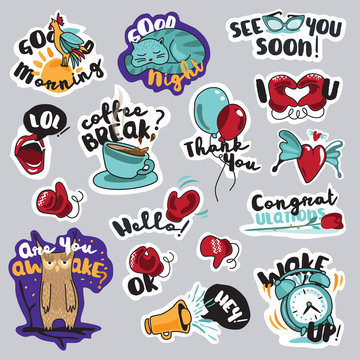 Set of funny stickers for social network. Everyday stickers for mobile messages, chat, social media, online communication, networking, web design.