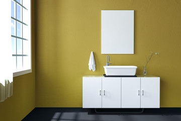 3d rendering : illustration of white mock up frame. hipster background. mock up white poster or picture frame. toilet interior. white ceramic basin