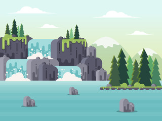 Nature Landscape - Waterfall, River and Mountains. Flat Design Style.  © bubble86