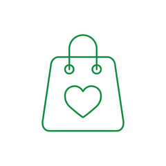 shop handle bag with heart valentine gift line vector icon green on white background