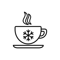 cup of coffee, tea with steam, snowflake, line icon black on white