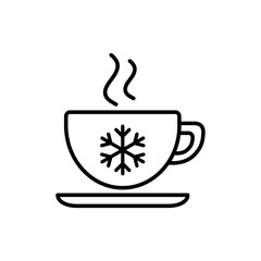 cup of coffee, tea with steam, snowflake, line icon black on white